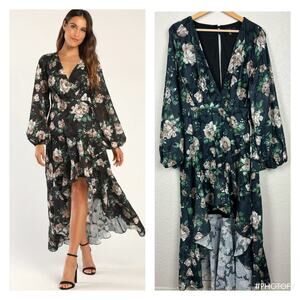 LuLu's Feeling Cherished Ruffled Wrap Maxi Dress Sz XL Navy Blue Floral Romantic